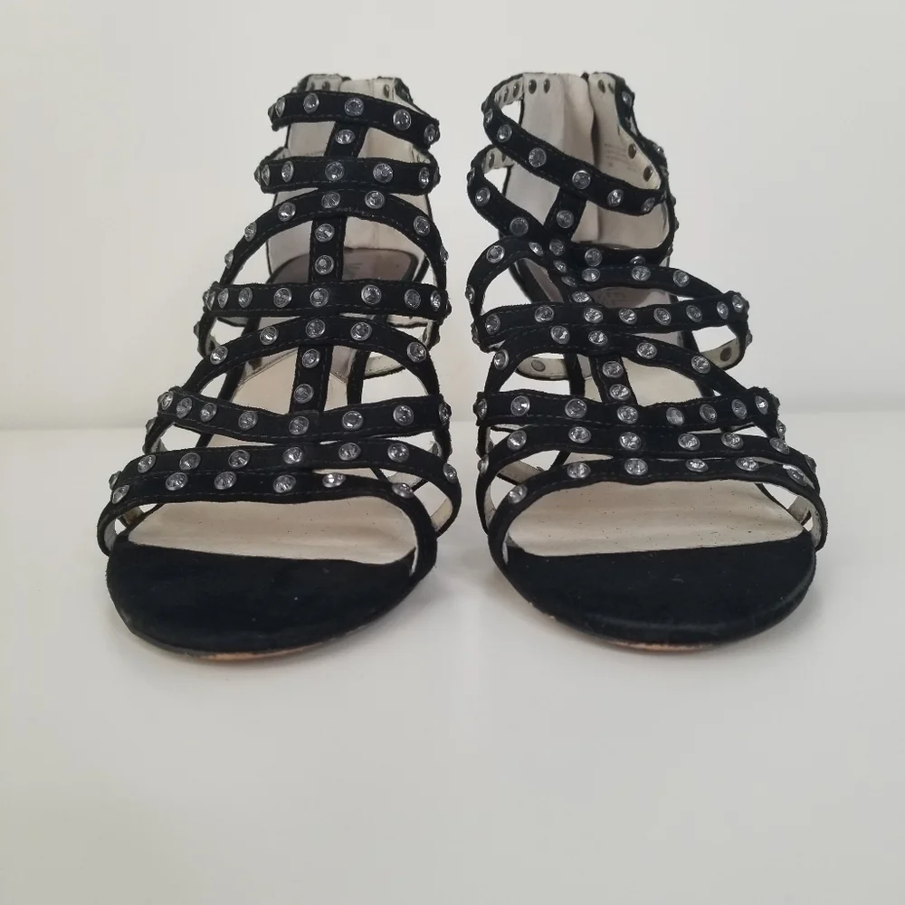 Michael Michael Kors Maddie Jeweled T-Strap Suede Peep Toe Heels Black Size 9